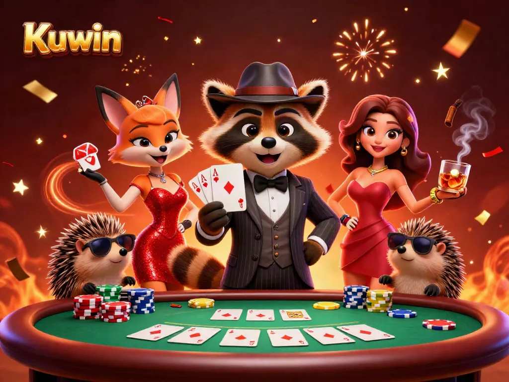 Kuwin highlights a raccoon in a pinstripe suit revealing a royal flush, showcasing a vibrant poker scene.
