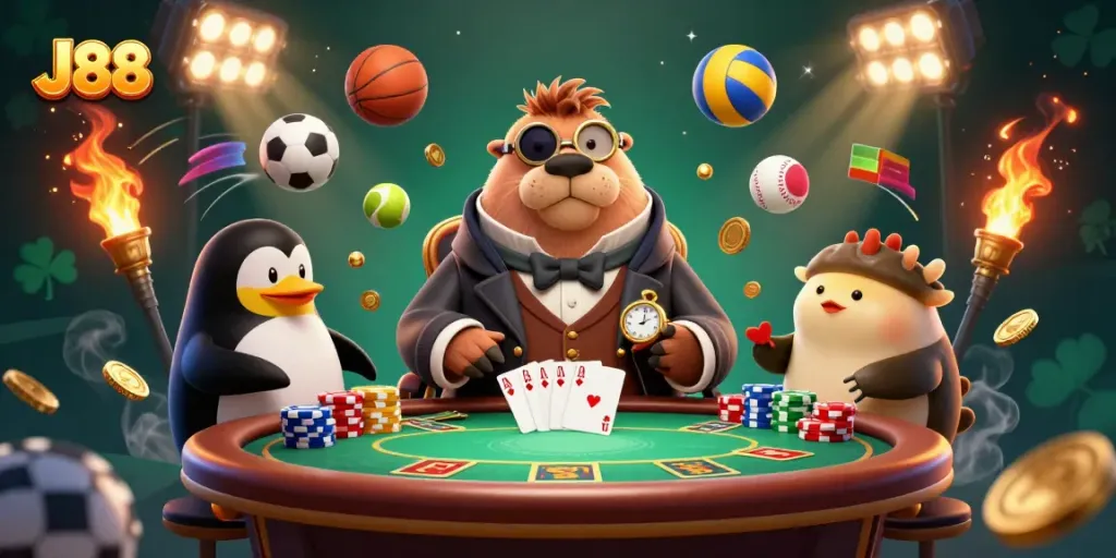 Experience the thrilling atmosphere of J88 poker with a jolly walrus and friends in this vibrant scene.