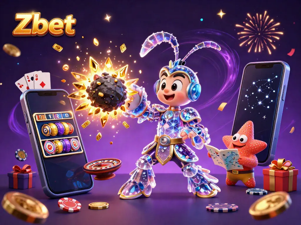 Zbet offers exciting gaming experience with golden coins, slot reels, and vibrant characters.