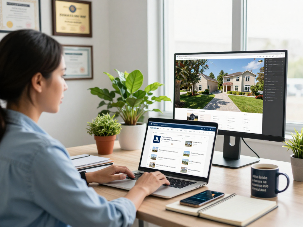 Real estate professional using IDXSTAR on laptop in a modern office with property listings.