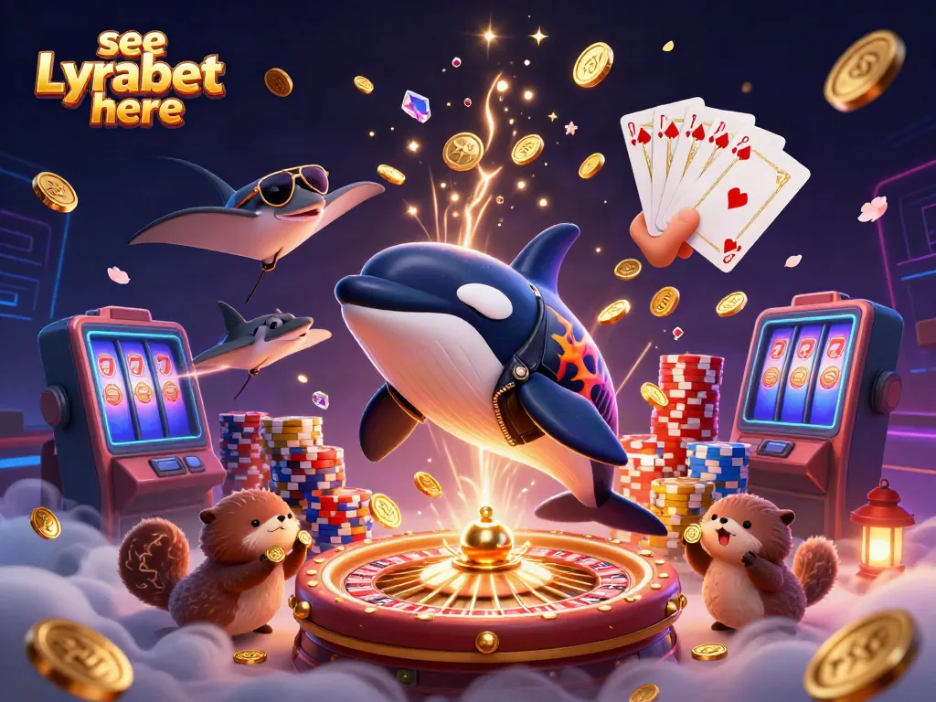 Experience gaming excitement with a vibrant scene showcasing characters and elements to see Lyrabet here, highlighting coins, cards, and roulette.
