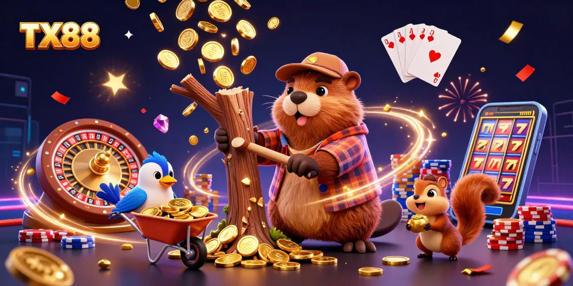 Collecting coins and stacking acorns in vibrant TX88 casino scene filled with excitement.
