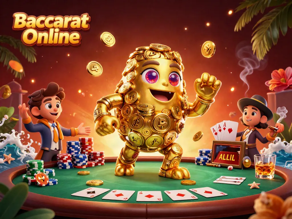 Baccarat Online, enjoy a vibrant 3D illustration featuring a golden golem surrounded by poker elements and dynamic casino ambiance