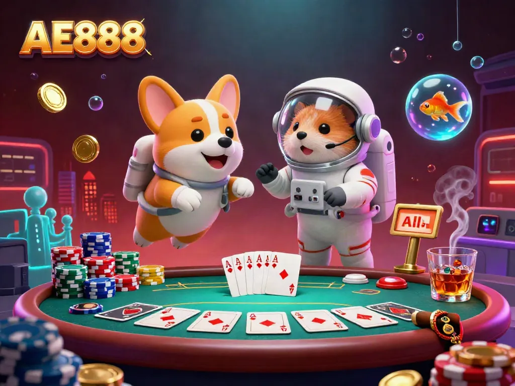 Experience gambling excitement with AE888 as a cartoon corgi and its team float in a space station casino.