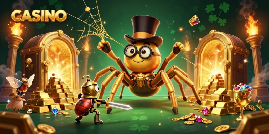 Engage in casino excitement with a golden tarantula and beetle knight amidst treasures.
