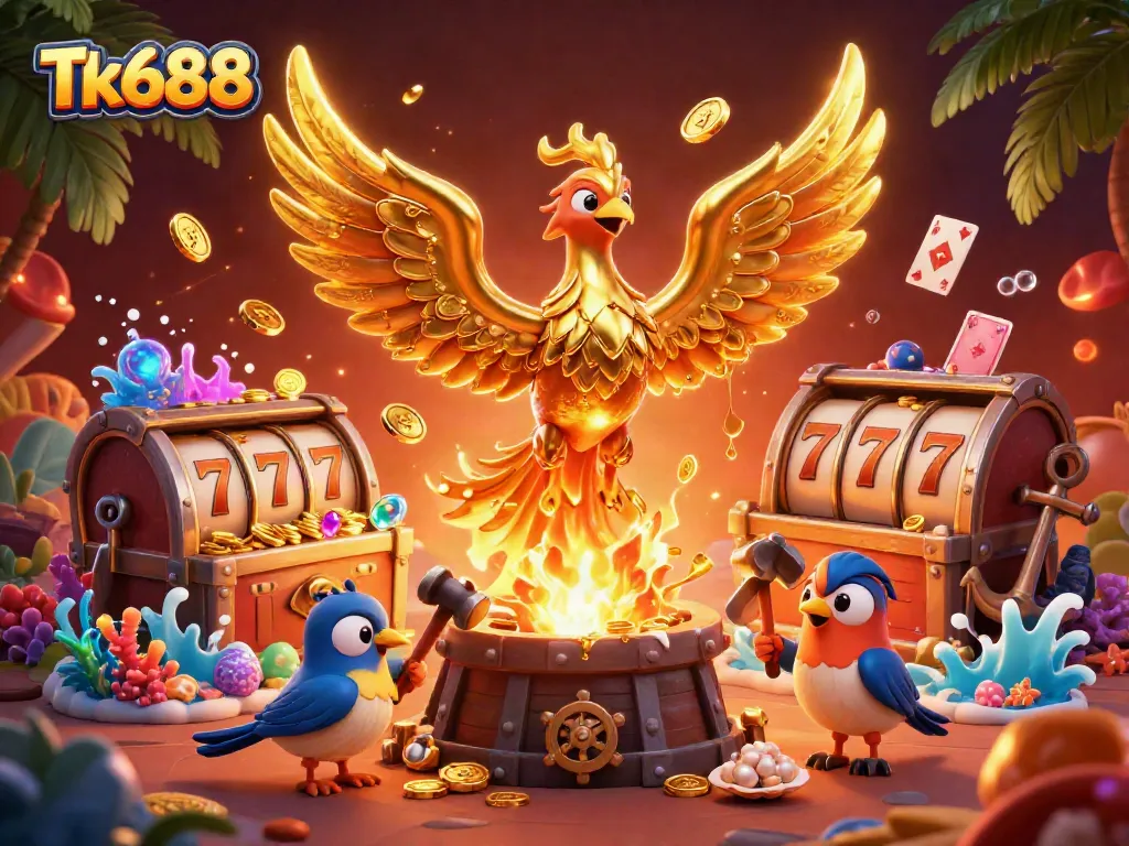 Experience the thrilling world of Tk688 with a golden phoenix and dynamic casino games in vibrant 3D.