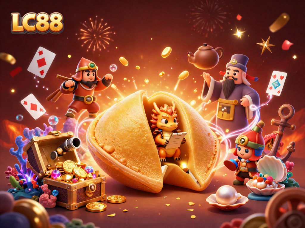 LC88 casino rewards depicted with a fortune cookie, wise dragon, and festive elements for gamblers.