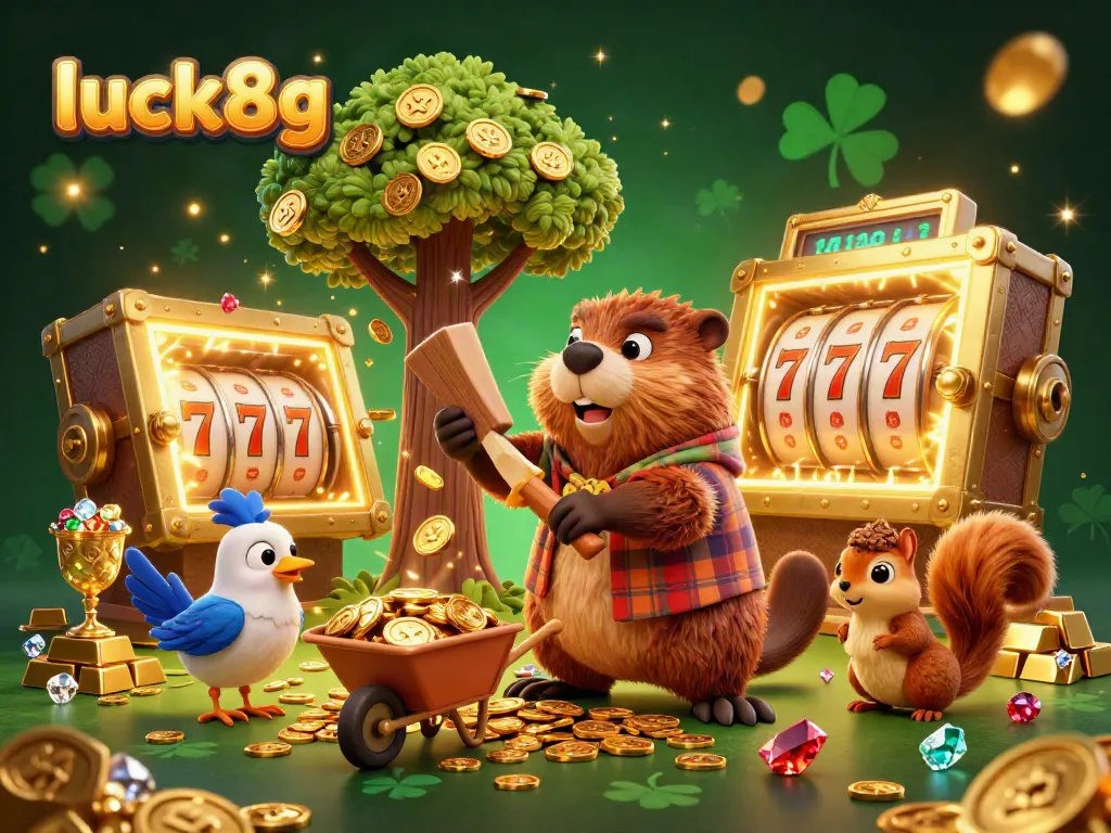Experience winning excitement with luck8g, featuring a vibrant scene of a cartoon beaver in a casino.
