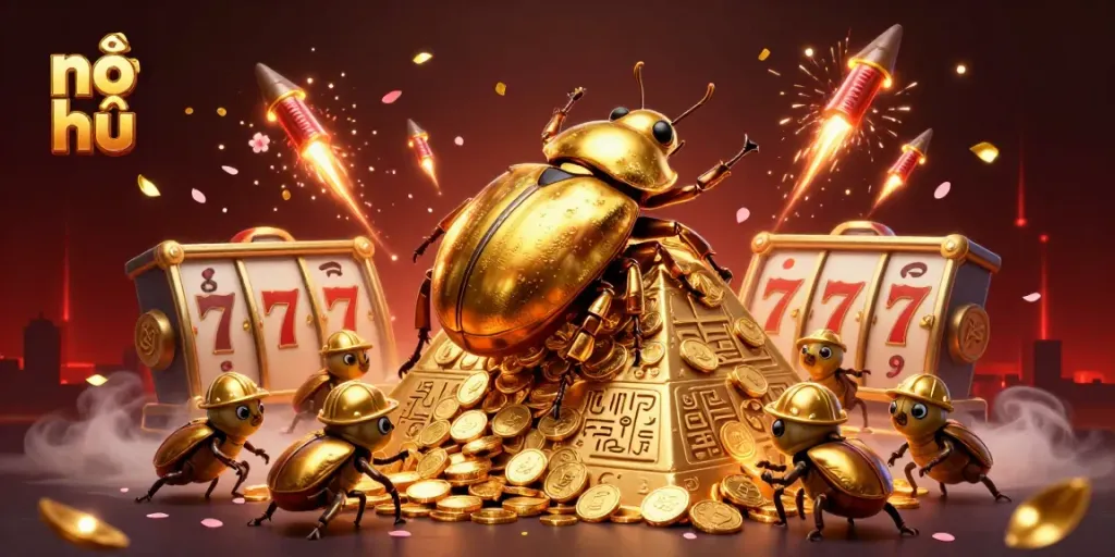 Experience nổ hũ excitement as beetles roll in coins amidst dynamic casino symbols.