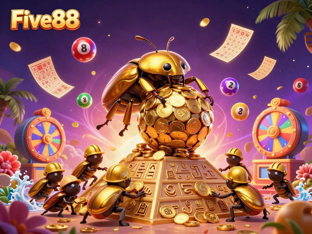 Experience vibrant casino excitement with Five88's golden coin beetles rolling toward winnings!