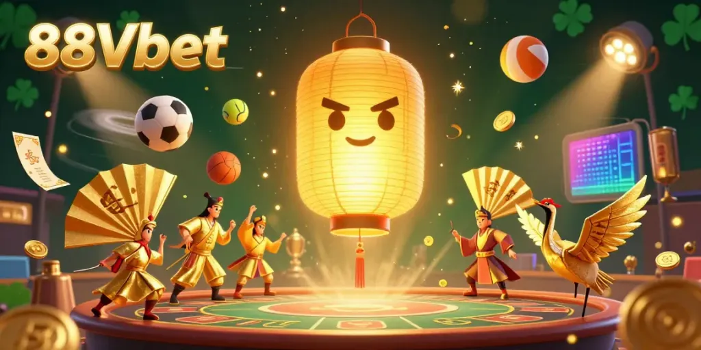 Win big with 88Vbet at a vibrant casino scene featuring golden lantern spirits and dynamic sports elements.