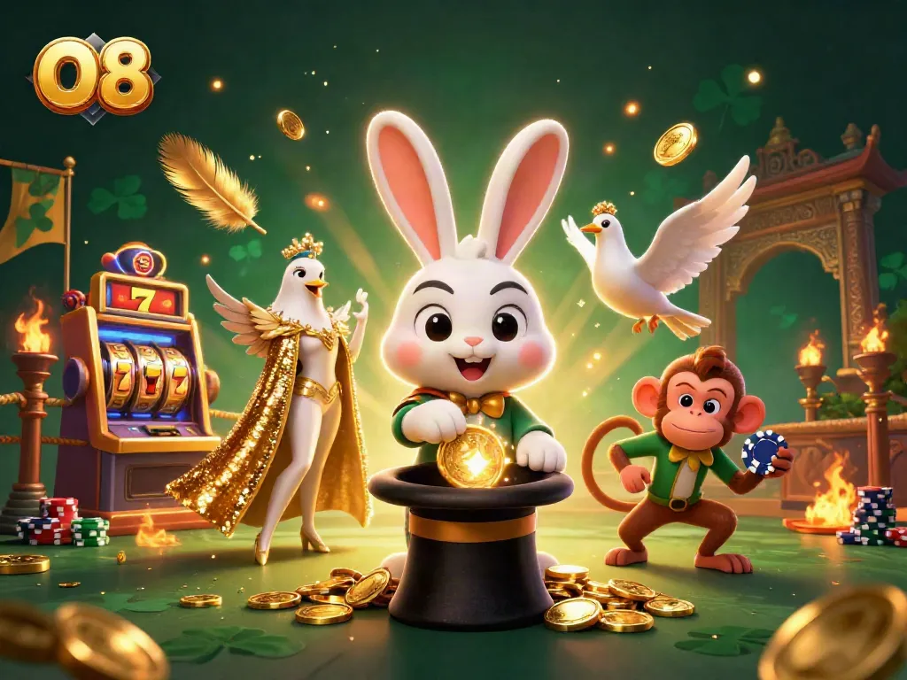 Spin reels at O8 with a vibrant casino scene featuring a magician rabbit, glamorous dove, and monkey.
