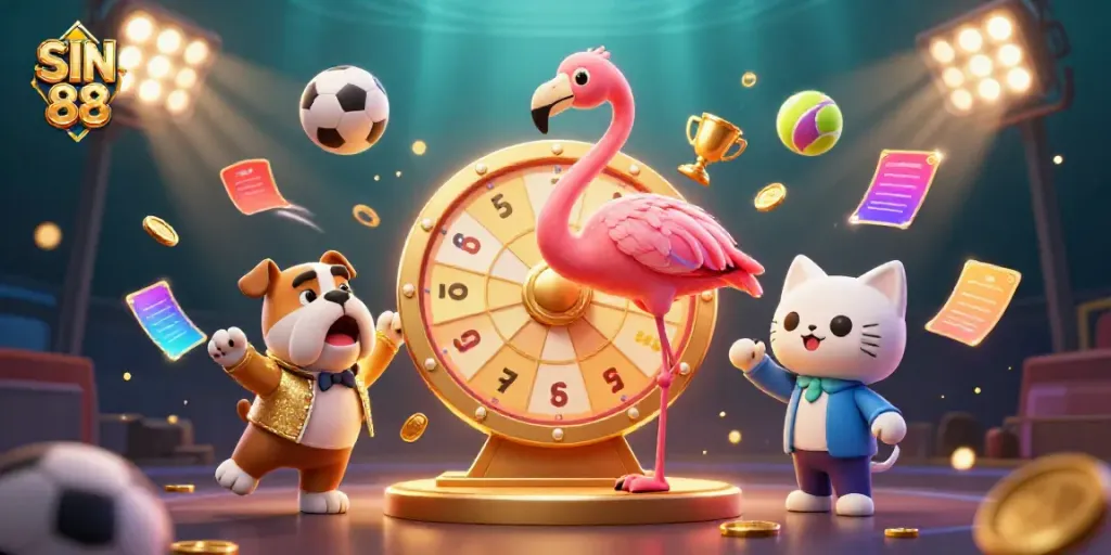 Engage with SIN 88 at this energetic gaming scene featuring a game show host, excited bulldog, and scoreboard cat assistant.