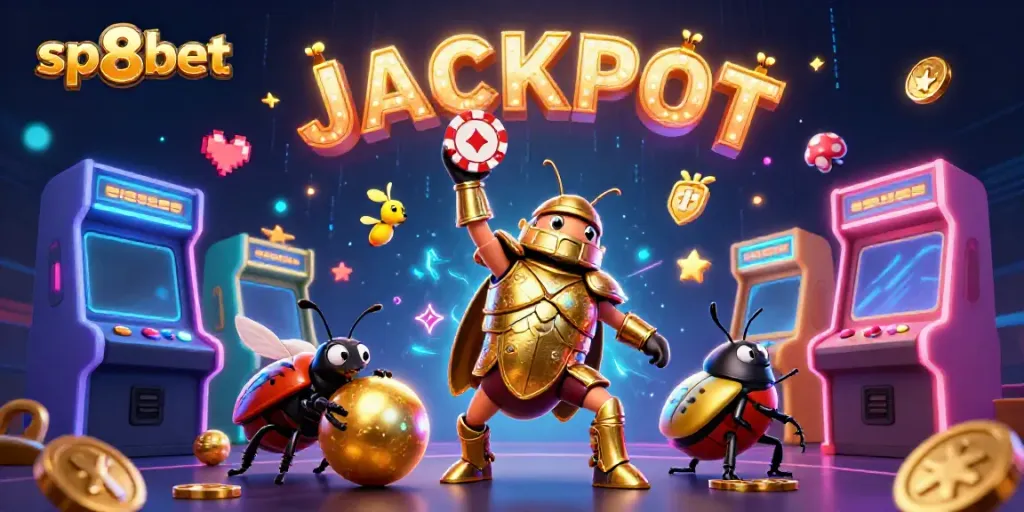 Experience the excitement of sp8bet with a victorious cartoon beetle and jackpot elements in this vibrant casino-themed scene.