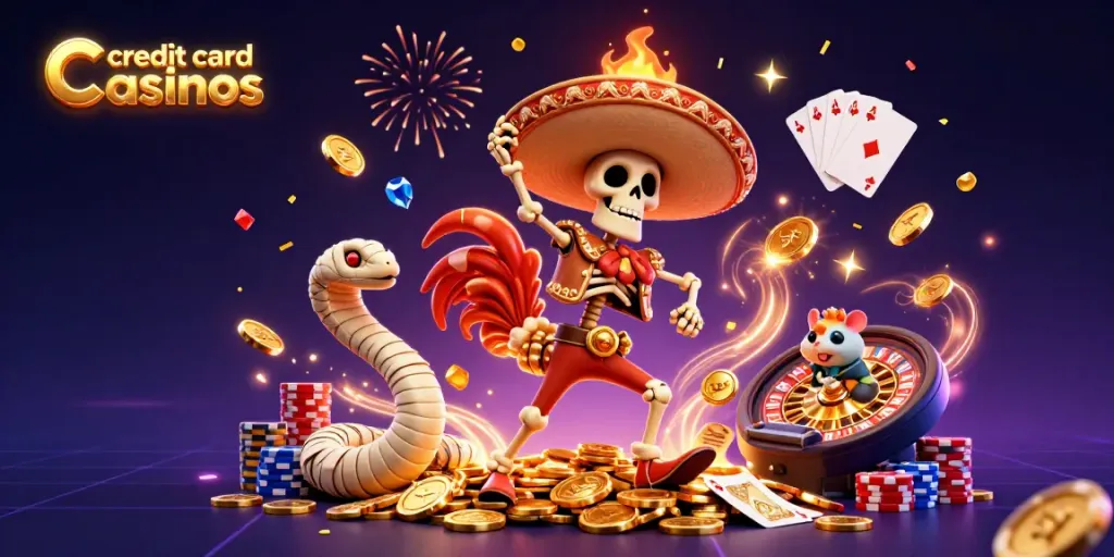 Experience exciting gameplay at credit card casinos with a dynamic scene of vibrant characters and casino elements.