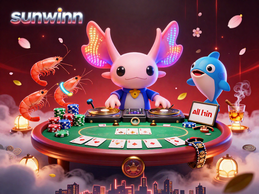 Experience sunwinn's vibrant 3D casino scene featuring a neon axolotl DJ and dynamic poker action.