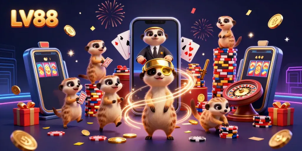 Experience LV88's exciting casino atmosphere with meerkats in action, surrounded by vibrant games and festive elements.