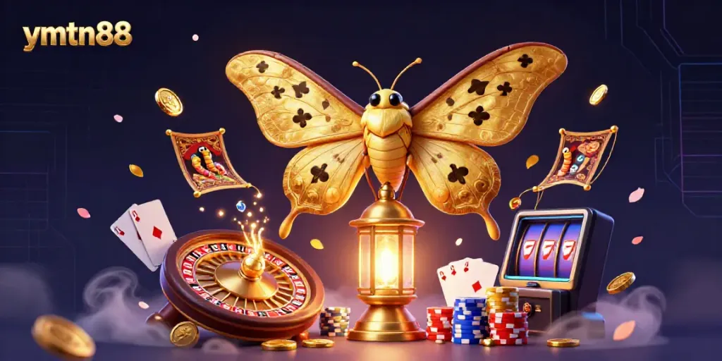 Experience the vibrant casino atmosphere with ymtn88 as cascading coins and a golden moth illuminate the scene.