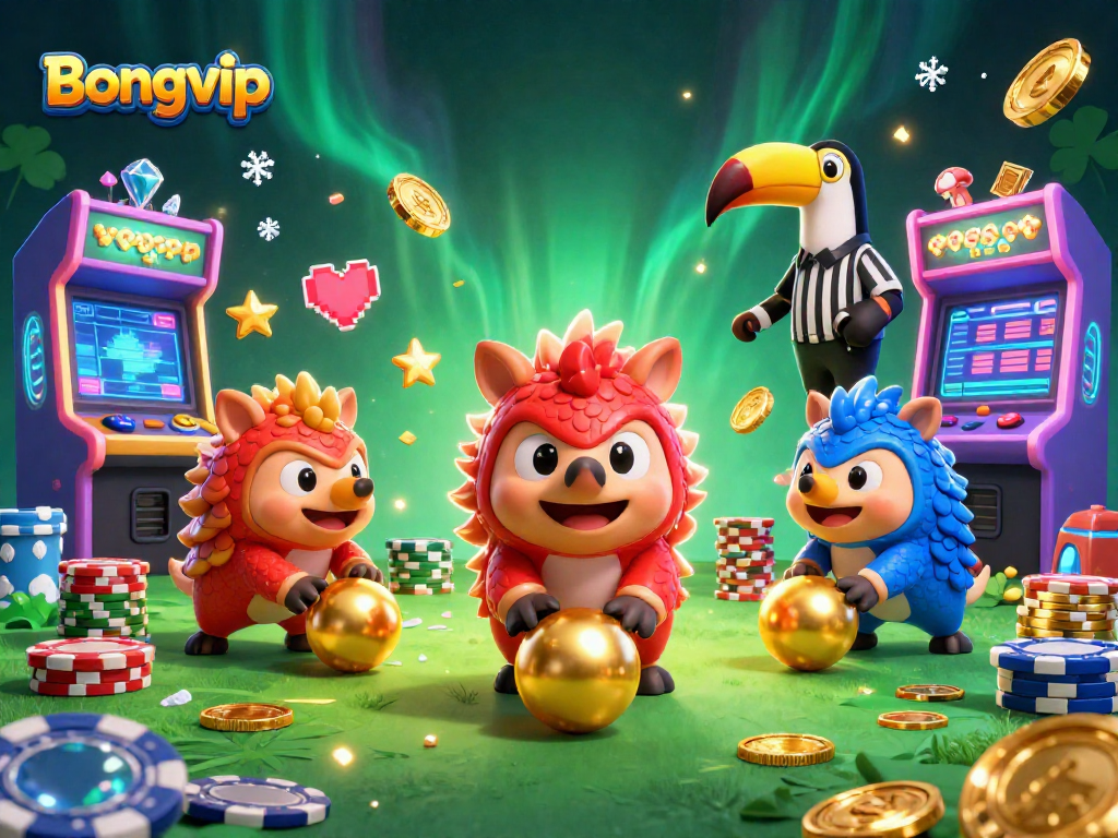 Bongvip rivals compete in a glamorous casino setting, bowling through poker chips, with vibrant gaming machines