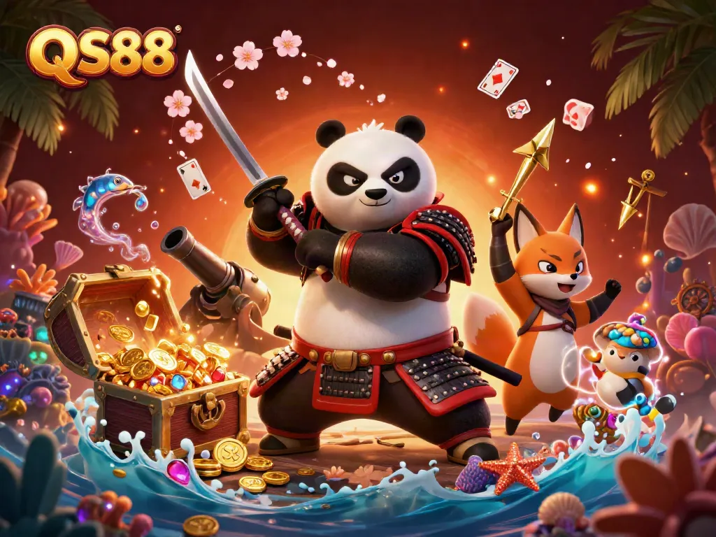 Experience thrilling games at QS88 with vibrant characters and casino elements in a rich 3D scene.
