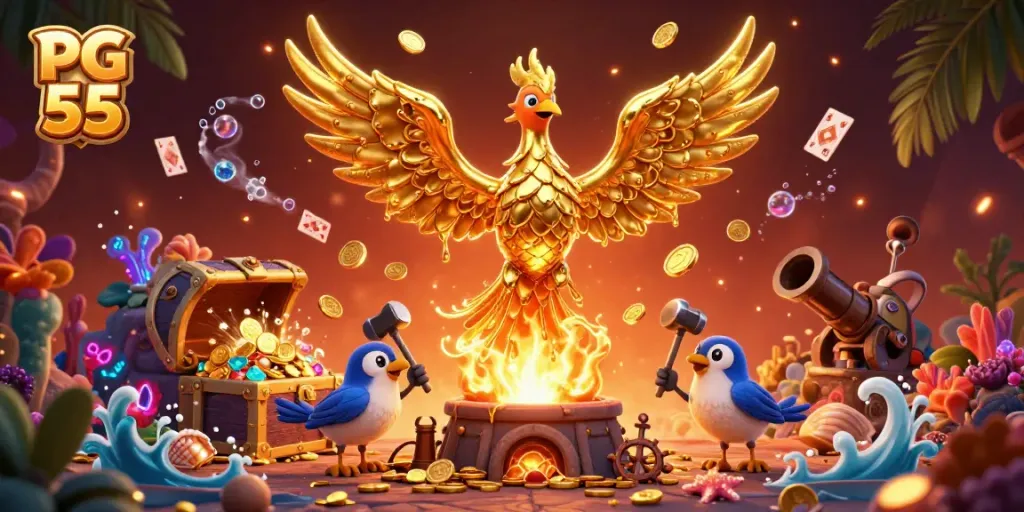 Experience the thrilling world of PG 55 with an epic molten phoenix and dazzling treasures.
