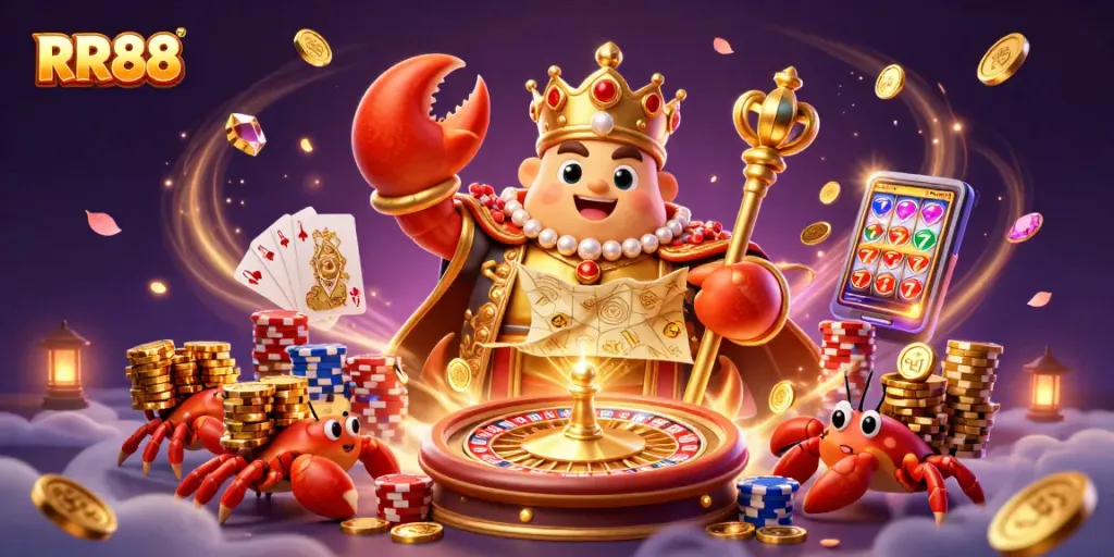 Join the excitement at RR88 with a vibrant scene of golden treasures, games, and royal characters in a dazzling casino atmosphere.