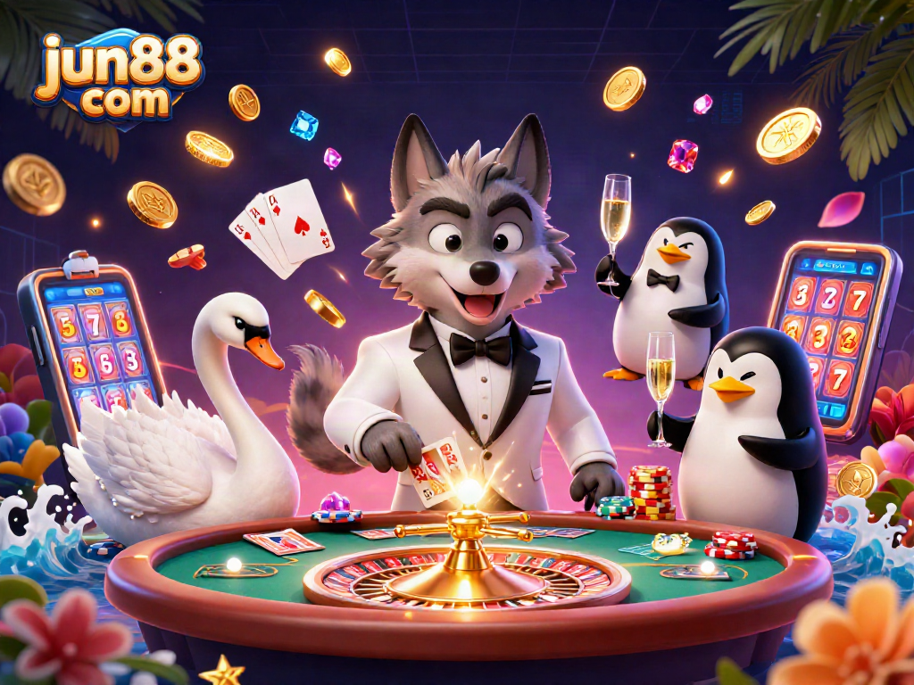 Engage in winning strategies at jun88 com with vibrant casino characters in celebration.