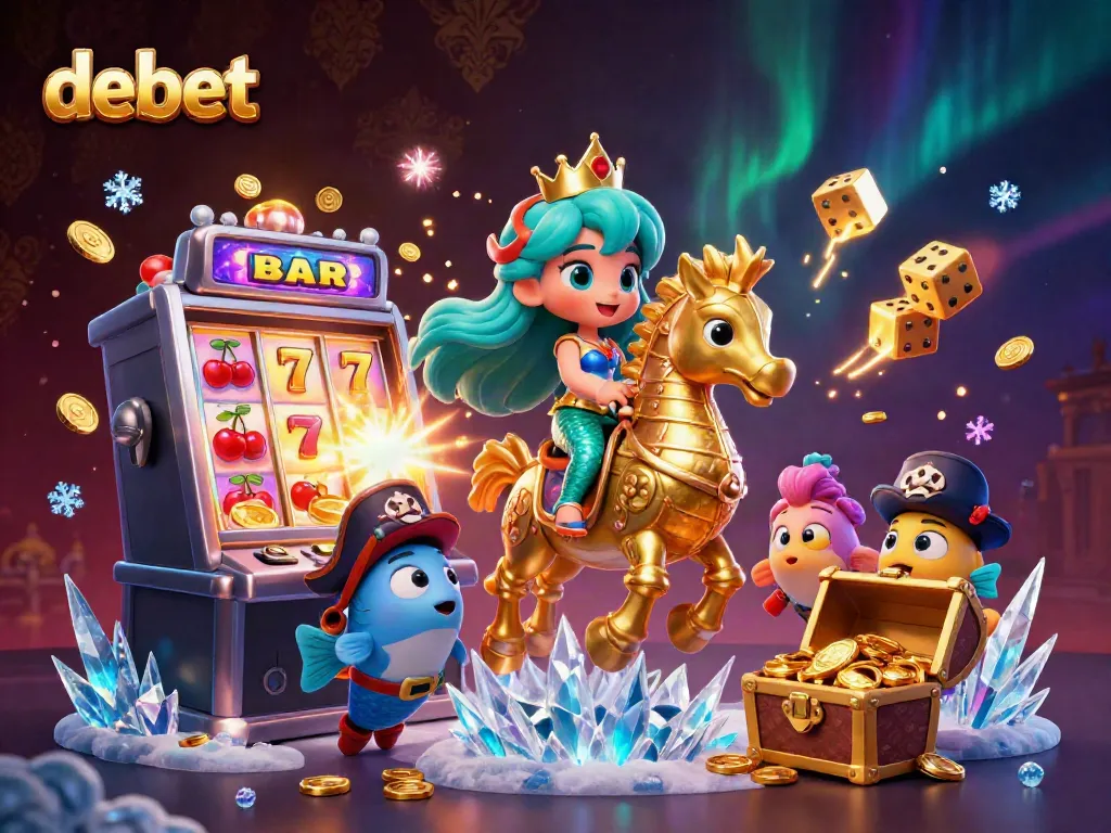 Experience debet's vibrant gaming world with a captivating mermaid on a golden seahorse.