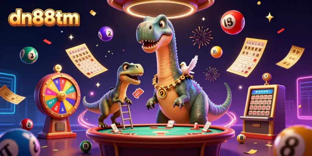 Engage with the vibrant world of dn88tm featuring a playful brontosaurus and clever raptor in a colorful casino.