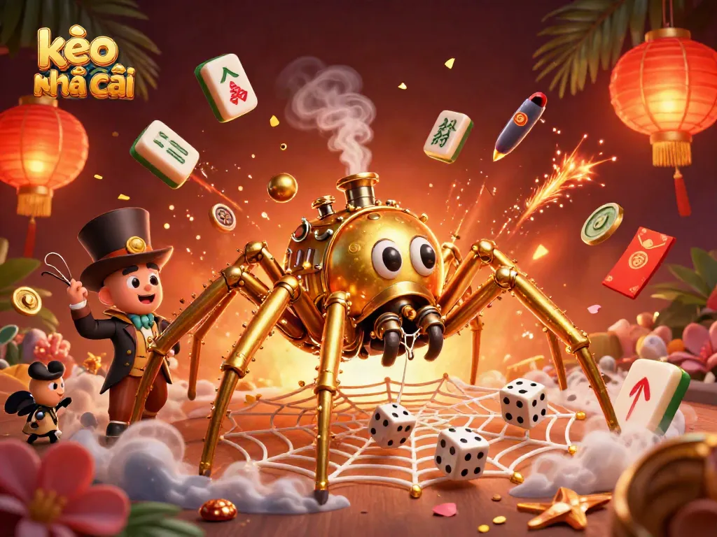 Engage in kèo nhà cái betting strategy among a steampunk-themed 3D illustration of characters.