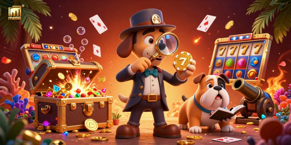 Engage with me88's dynamic gambling scene as cartoon characters uncover clues among explosive treasures and casino games.