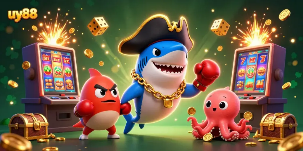 Engage with uy88's thrilling casino games through vibrant 3D cartoon characters celebrating jackpot wins.