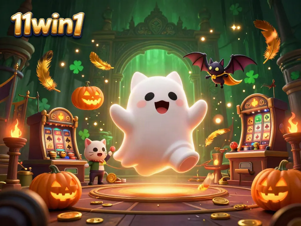 Experience thrilling gameplay with 11win1 in a vibrant haunted casino scene featuring unique characters and elements.