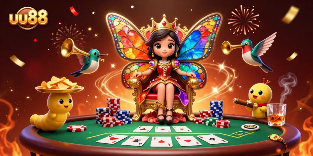 Engage with the captivating universe of uu88 as the butterfly queen presides over a vibrant casino scene.