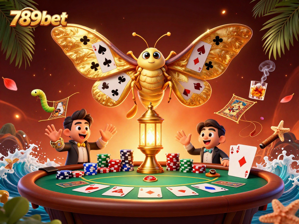 Play poker and win with 789bet, featuring a dazzling moth and casino scenes.