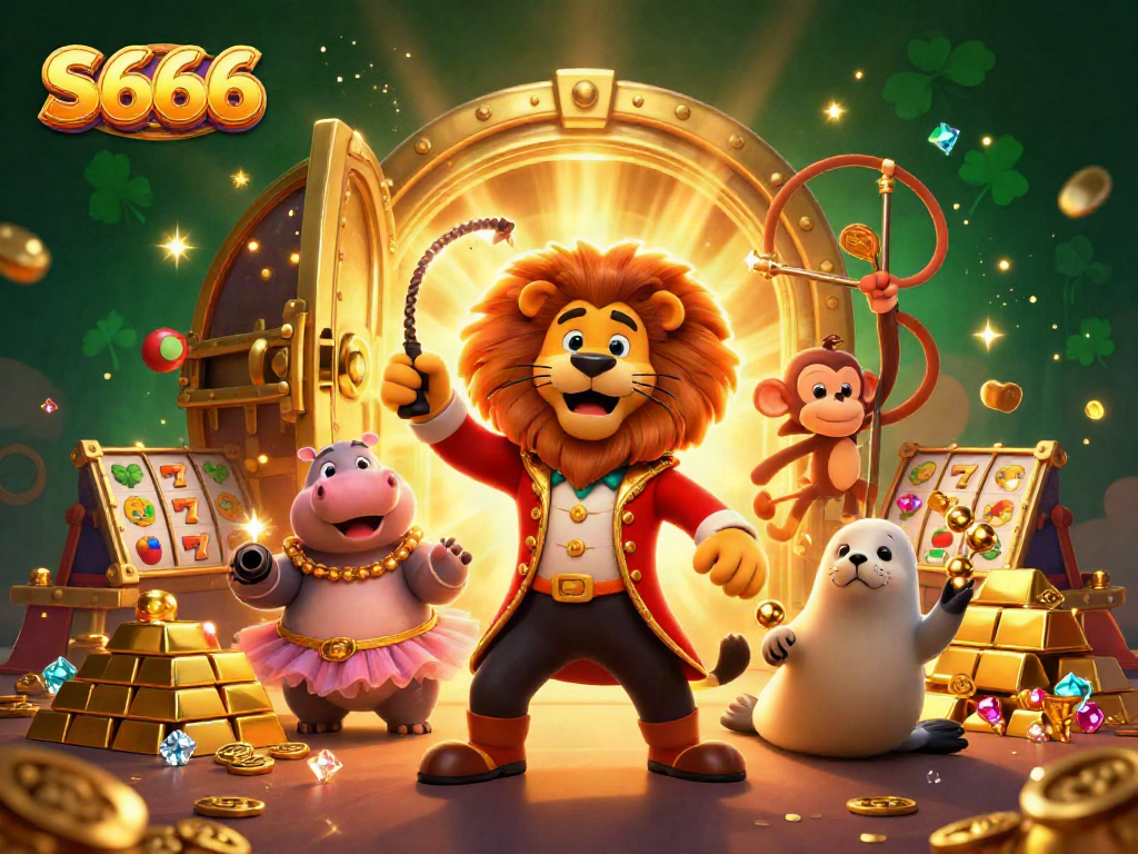 S666 casino illustration featuring lively characters and slot game elements in action.