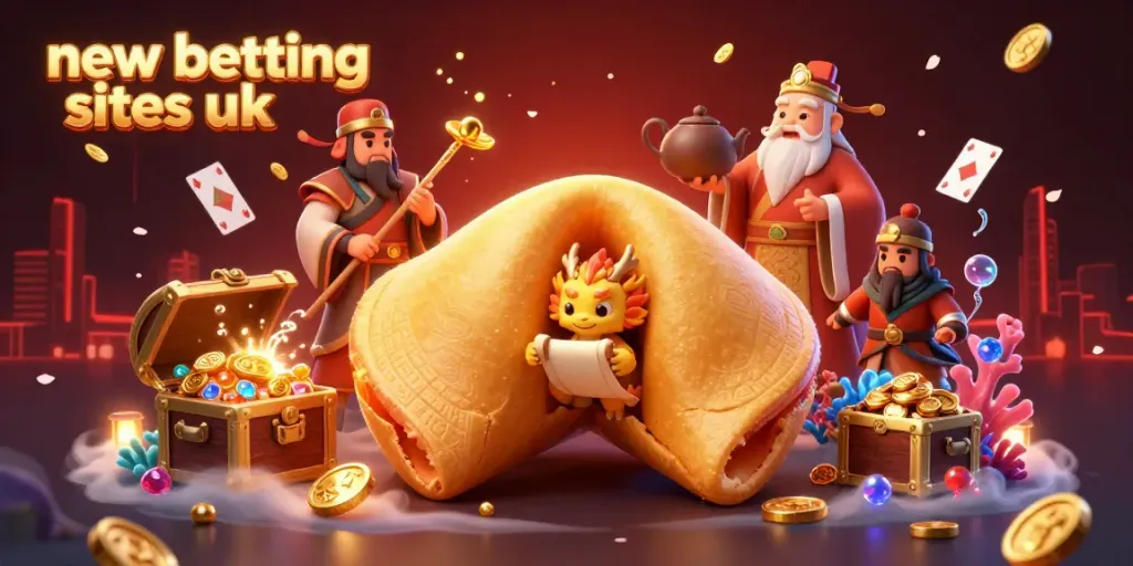 Engage with new betting sites uk, featuring a dragon in a golden fortune cookie amidst treasures and cards.