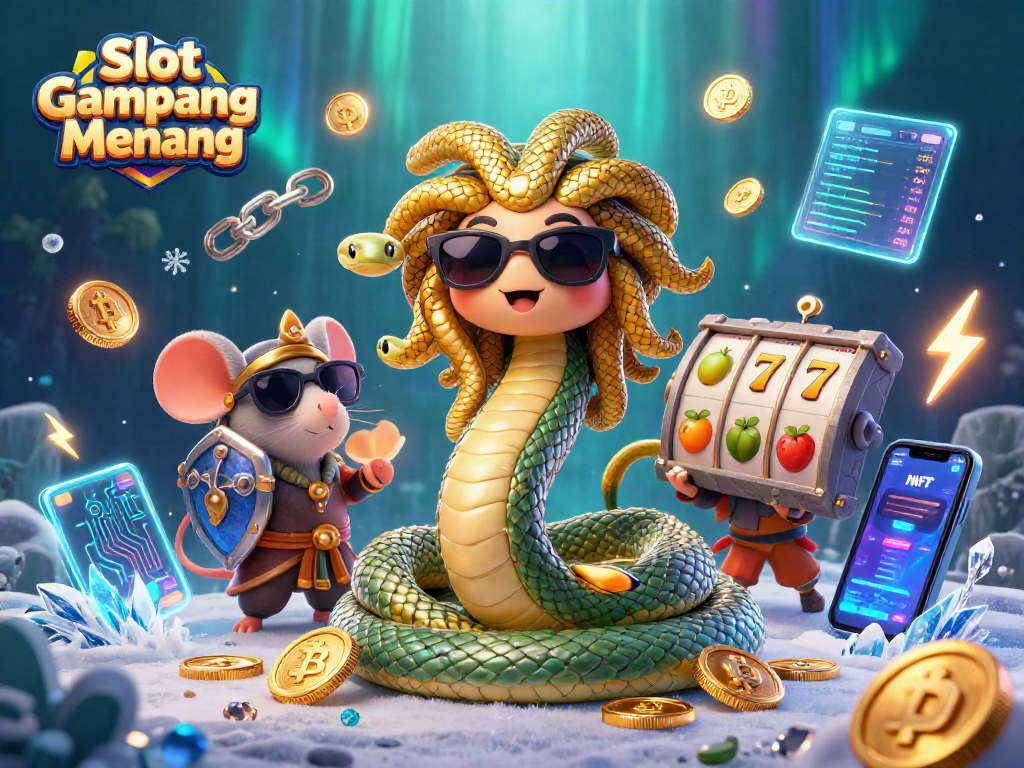 Experience the excitement of Slot Gampang Menang with vibrant slot elements and crypto coins in a lively casino scene.