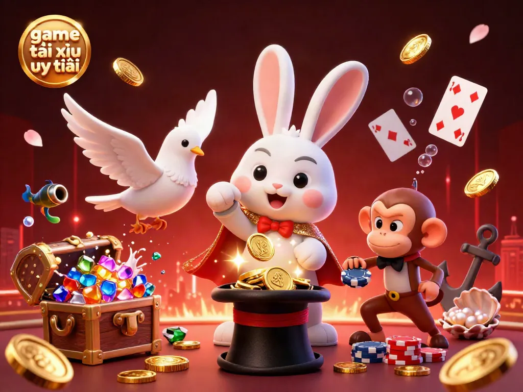 Experience the excitement of game tài xỉu uy tín with our illustrated magic scene featuring coins, cards, and lively characters.