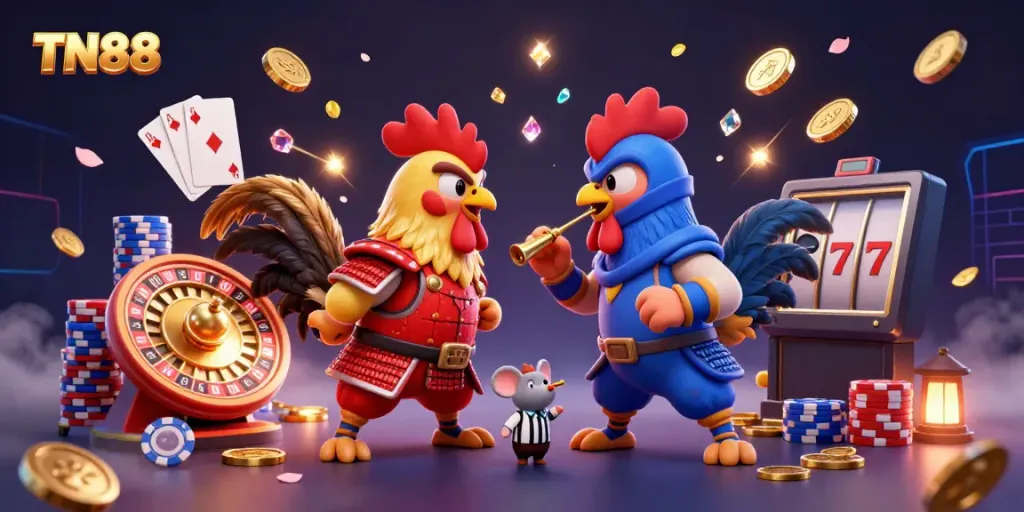 Experience exhilarating action at TN88 with fighting roosters, golden coins, and roulette wheels in this vivid 3D scene.