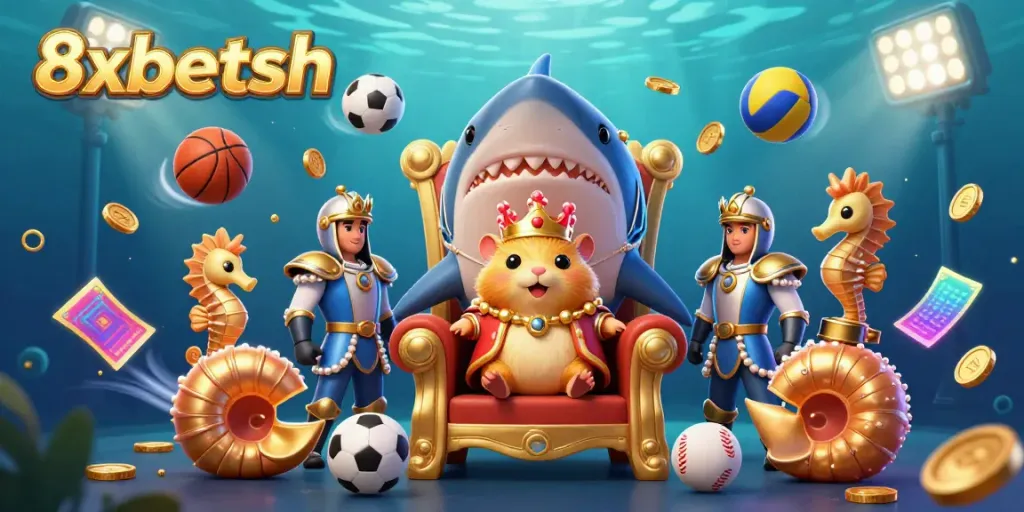Engage with 8xbetsh as a golden hamster king presides over a vibrant underwater casino scene.