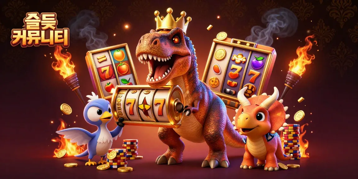 Engage with the vibrant 슬롯 커뮤니티 scene featuring cartoon characters interacting with slot game elements.