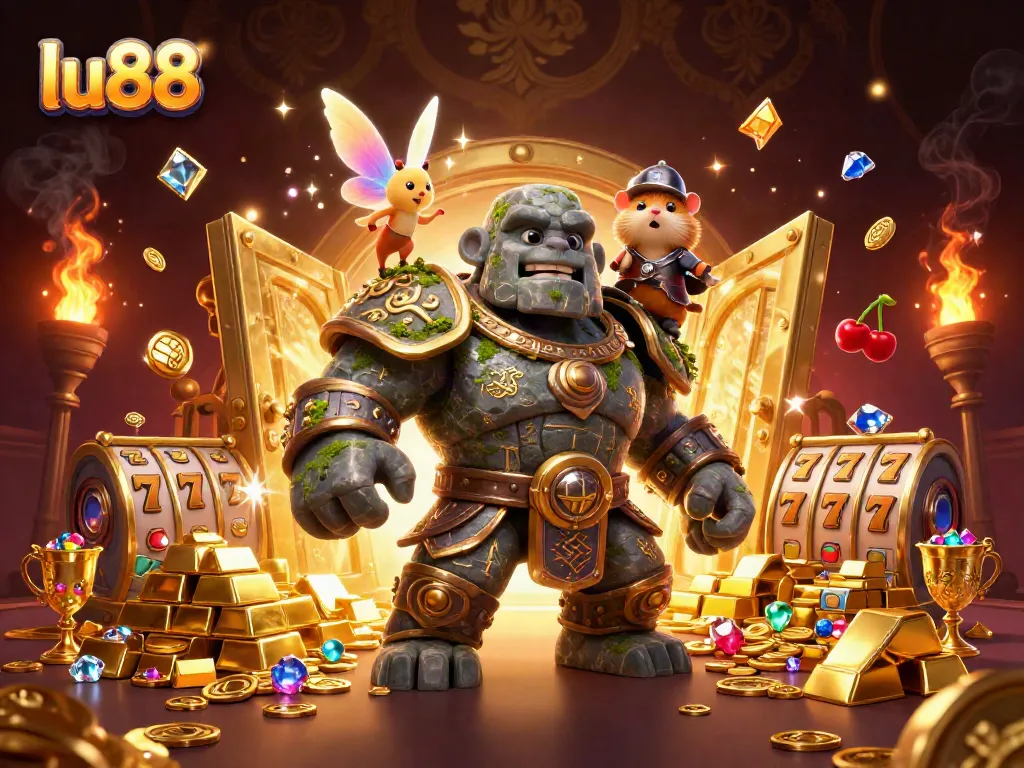 Experience the thrill of lu88 with a golem guardian, fairy magic, and treasure in a vibrant casino world.