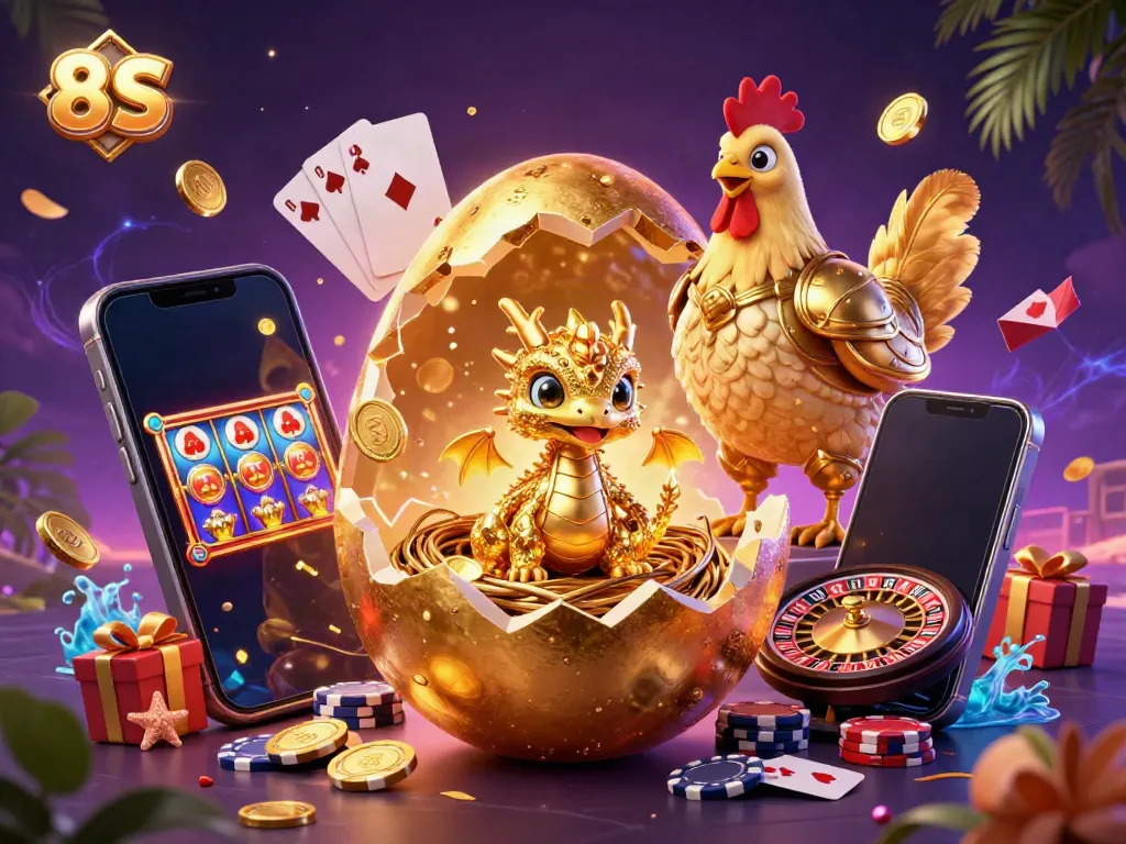 Spin the reels of the vibrant slot game imagery featured in 8S with a golden dragon guarding poker chips.