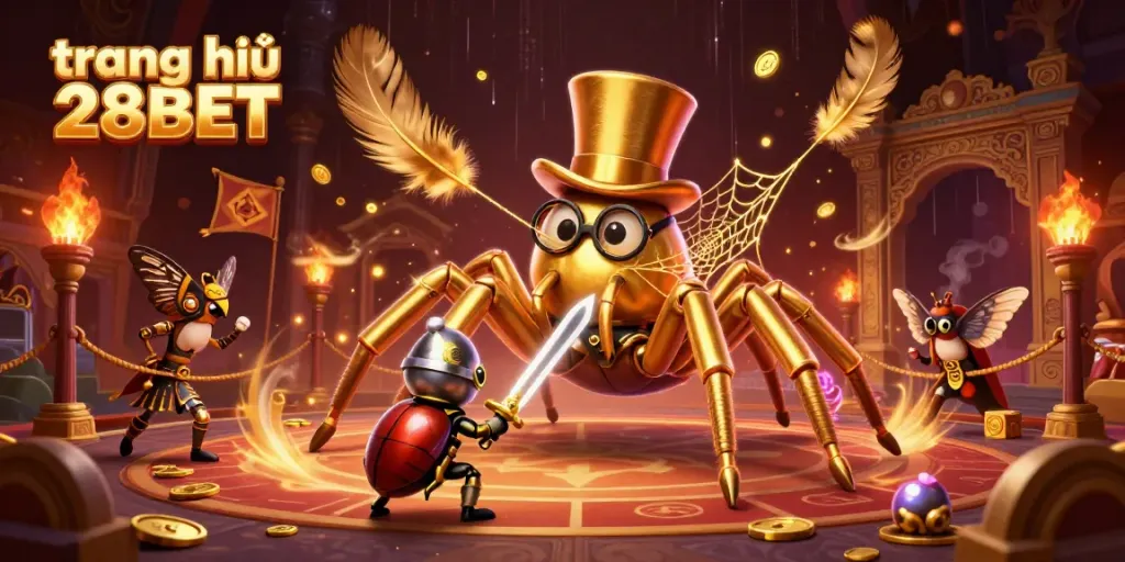 Experience excitement at trang chủ 28BET with a dynamic illustration of a golden tarantula and knight in a vibrant casino scene.