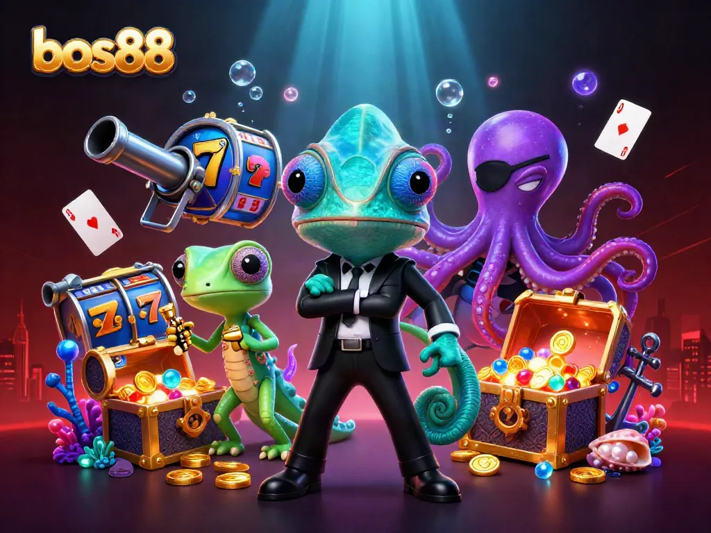 Engage in thrilling gameplay at bos88, surrounded by vibrant casino elements and dynamic action.