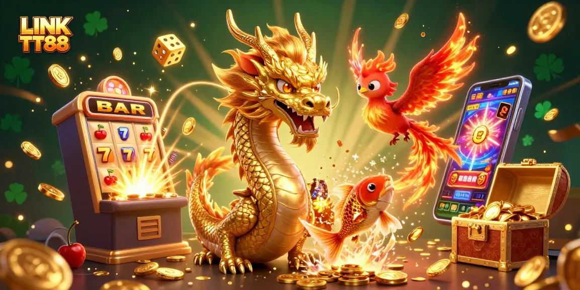Engage in action with LINK TT88 featuring a fierce dragon, phoenix, and koi fish amidst thrilling slot machines and casino elements.