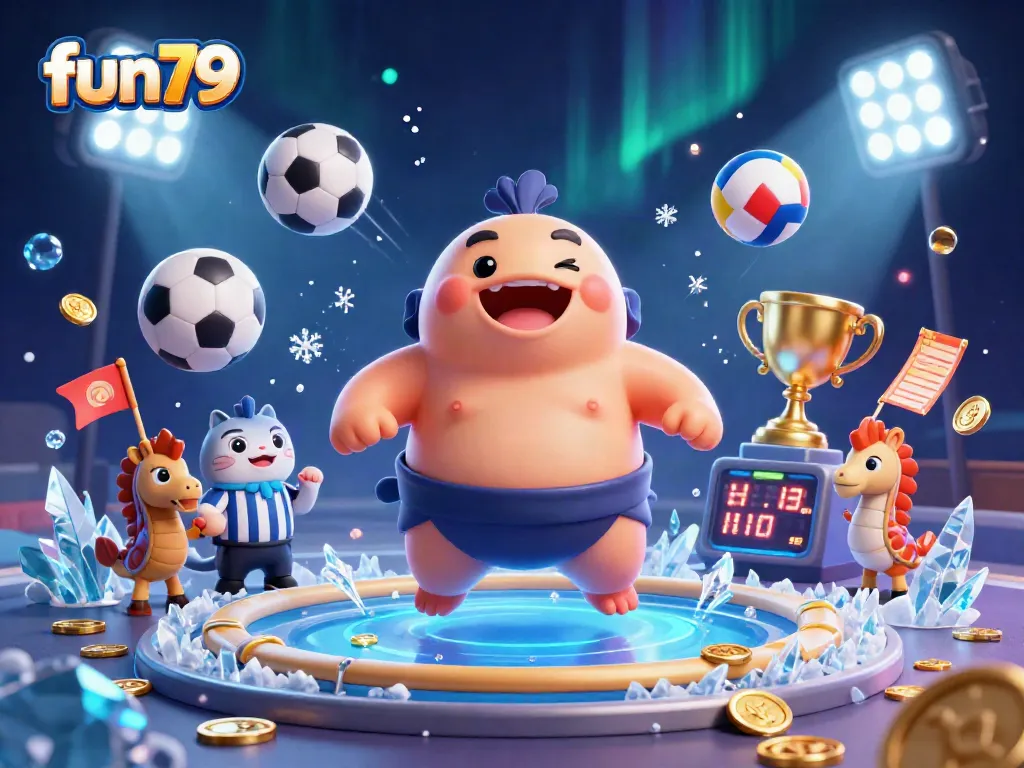 Experience the thrill of fun79 with a dynamic casino scene featuring a fugu in a sumo belt, catfish referee, and seahorse fans.