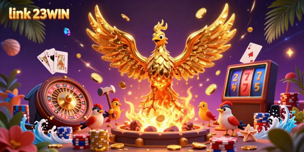 Experience thrilling gaming action with the link 23WIN scene showcasing a golden phoenix, coins, and casino elements.