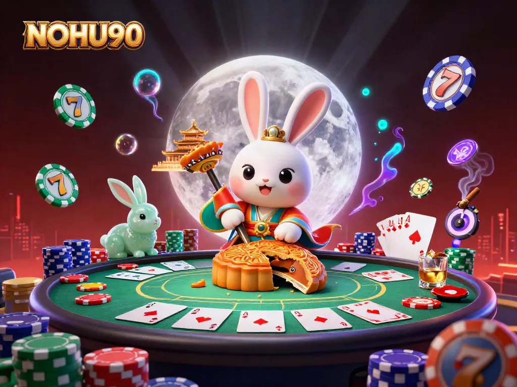 Experience thrilling slot action with NOHU90 in a vibrant 3D scene featuring poker chips and jackpot symbols.